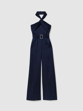 Halston Heritage Satin Halter Neck Jumpsuit, Navy, 14