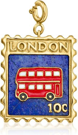 Ross-Simons Lapis and Multicolored Enamel London Double-Decker Stamp Charm in 18kt Gold Over Sterling