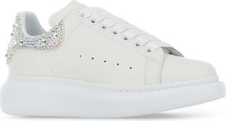 Alexander McQueen Womens White Leather Sneakers With Embellished Suede Heel Whitewhitecrystal