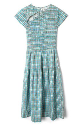 Damson Madder Ebba Plaid Cutout Detail Organic Cotton Dress in Teal Multi at Nordstrom, Size 14 Us