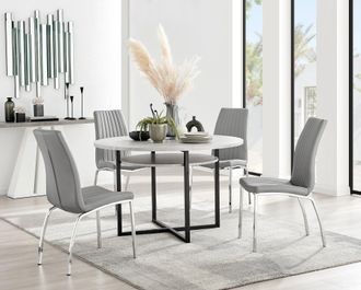 Furniturebox Adley Grey Concrete Effect Round Dining Table & 4 Isco Faux Leather Chairs