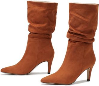 Generic Womens Mid-Calf Cowboy Boots, Pointed Toe with Stiletto Heel, Slip-On Boots, Suede Finish and Non-Slip Sole, Elegant and Casual Cowboy Style Shoes-Bro