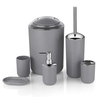 OEM Juego De Ba&ntilde;o De 6 Piezas: Papelera Decorativa, Escobilla De Ba&ntilde;o, Botella De Loci&oacute;n, Portacepillos De Dientes, Jabonera (seis Piezas - Gris)