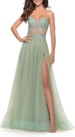 La Femme Rhinestone Tulle Gown with Sheer Lace Bodice in Sage at Nordstrom, Size 12