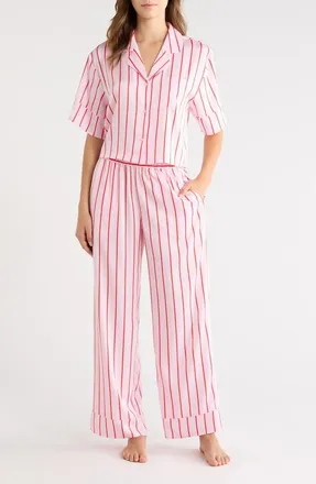Open Edit Boxy Everyday Satin Pajamas in Pink- Red Alto Stripe at Nordstrom, Size X-Small