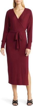 Loveappella Long Sleeve Faux Wrap Midi Dress in Burgundy at Nordstrom Rack, Size X-Small