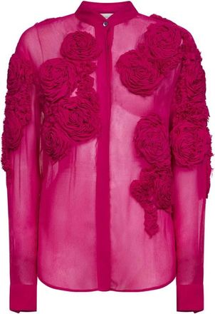 Dries Van Noten Geborduurde Zijden Mousseline Blouse - Dames - Overhemden - Roze - S - Overhemden