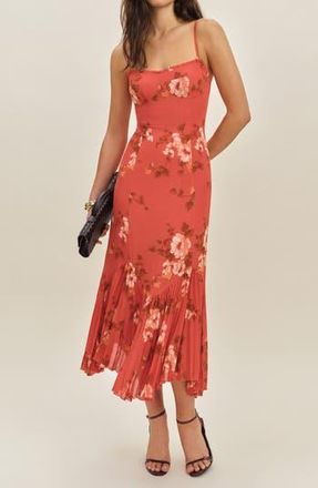 Reformation Aiko Floral Pleated Hem Bustier Slipdress in Coral Bloom at Nordstrom Rack, Size 10