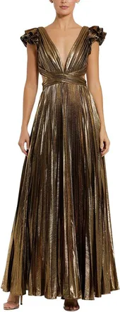 Mac Duggal Ruffle Sleeve Cutout Pleated Metallic Gown