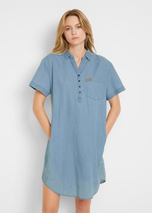 Bonprix Jeanskleid BONPRIX, Damen, Gr. 44, N-Gr, blau (eisblau denim used), Denim/Jeans, Obermaterial: 100% Baumwolle, unifarben, oversize knielang, V-Ausschn