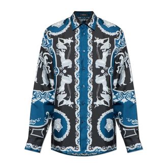 Versace Casual Shirts, male, Blue, Size: 2XL Printed Silk Twill Regular Shirt