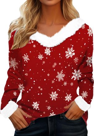 Generic Fluffy Christmas Jumpers for Women Fuzzy Faux Fur Trim Long Sleeve V Neck T Shirt Plush Collar Sweatshirt Xmas Pullover Tops, A02-Brick Red, XL