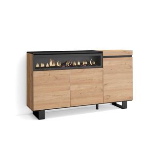 Skraut Home Aparadores Para Sal&oacute;n, Gran Capacidad De Almacenaje, 150x87x35cm, 3 Puertas, Chimenea El&eacute;ctrica, Dise&ntilde;o Industrial, Estilo Moderno, Roble Y Negro - Sk