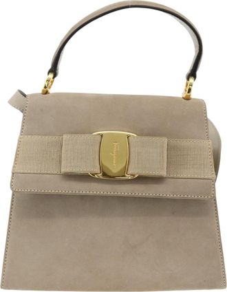 Ferragamo Convertible Vara Bow Suede Beige Suede Handbag (Pre-Owned)