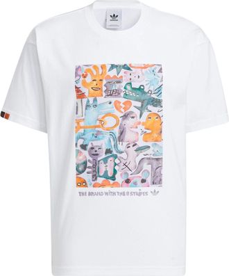 adidas Mens adidas originals Chest Pattern Cartoon Printing Round Neck Short Sleeve White T-Shirt HR6452