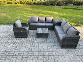 Fimous Outdoor Rattan Garden Furniture Set Conservatory Patio Sofa Coffee Table With Reclining Chair Side Table Dark Grey Mixed