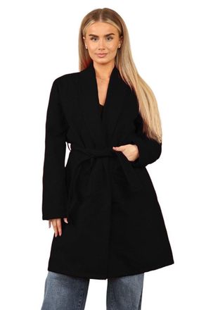 Generic Ladies Italian Belted Coat Long Sleeve Open Front Jacket Pockets One Size 8-14 (Black)