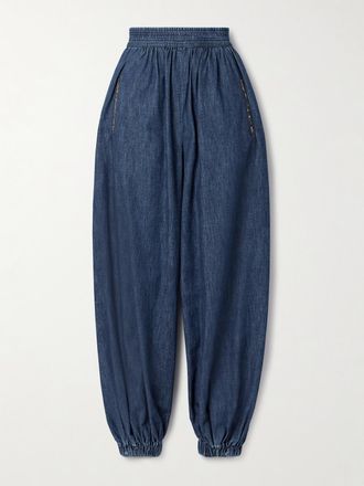 Valentino Garavani Pantaloni A Gamba Affusolata In Chambray Con Ricami - Blu
