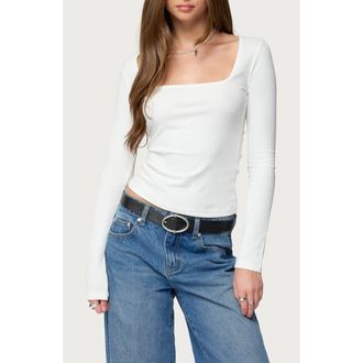 Edikted Zandra Rib Square Neck Top in White at Nordstrom, Size X-Large
