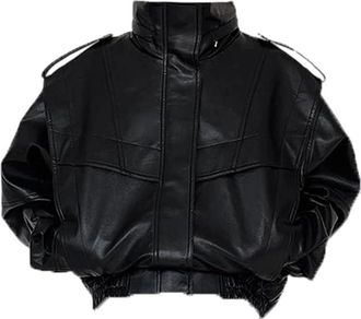 Generic Men Black Pu Leather Jacket Zippers Solid Loose Lapel Coat Autumn Winter