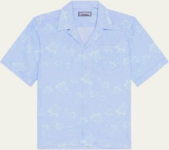 Vilebrequin Mens Bubble Turtles Linen Short-Sleeve Shirt