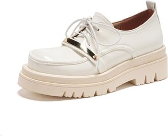 Generic Womens Platform Loafers with Patent Finish Chunky Sole Lace Up Design Double Buckle Metal Accent Round Toe Thick Sole for Everyday Styling,White,5.5 U