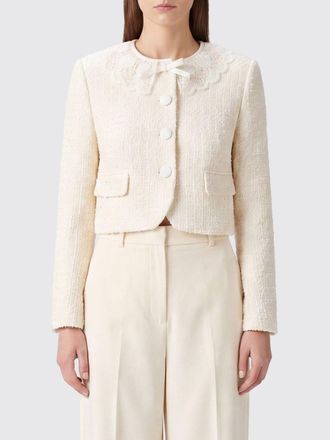 Self Portrait Cropped Boucl&eacute; Blazer with Lace Collar and Inserts
