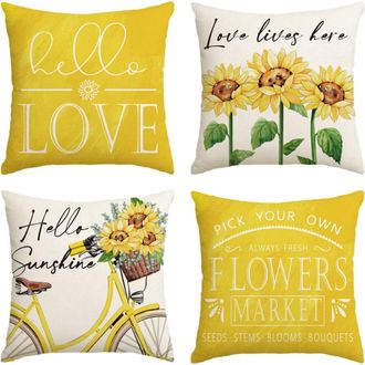 OEM Funda De Almohada Hollo Love Sunflower Bicycle Amarilla, 50 X 50 Cm, Estampado Floral De Verano/primavera, Funda De Coj&iacute;n Para Sof&aacute;, Juego De 4 Piezas