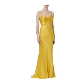 Elisabetta Franchi Gowns, female, Yellow, Size: XL V-neck Spaghetti Strap Dress