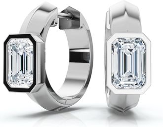 Pompeii3 1 1/3Ct Emerald Cut Brava Bezel Diamond Hoops 5/8 Huggies 14k Gold Lab Grown