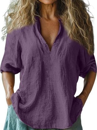 Generic My Orders Sales Ladies Linen Tops 3/4 Sleeve Plus Size Work Clothes Clearance Women Baggy Cotton Linen Tops Stylish Print Blouse for Womens Plus Size 