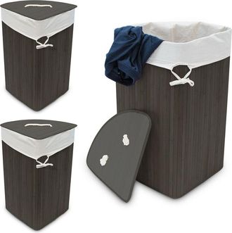 Relaxdays 3x Cestos Ropa Sucia Esquinero, Cubo Colada Plegable Con Tapa, Canasta, Bamb&uacute;, 65 X 49,5 X 37 Cm, Negro