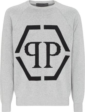 Philipp Plein Katoenen Pullover Ronde Hals - Heren - Ronde hals truien - Grijs - 2XL - Katoen - Truien & Vesten