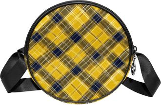 Generic Circle Crossbody Bag for Women, Yellow Retro Plaid Small Sling Bag Daypack with Zipper Adjustable Shoulder Straps Casual Ladies Girls Round Purse