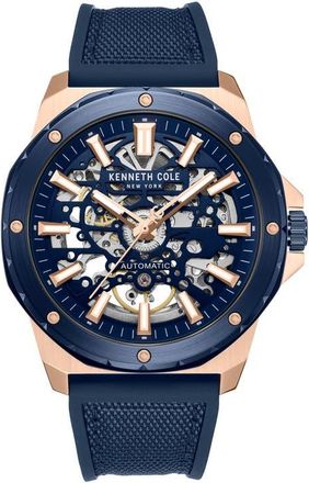 Kenneth Cole The Hollis Skeleton Automatic Silicone & Nylon Strap, 45mm in Navy /Blue Dark at Nordstrom