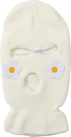 Generic ISWMM 3 Hole Ski Mask Knit Hat Embroidered Flower Winter Warm Outdoor Riding Windproof Mask Balaclava White