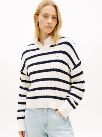Tommy Hilfiger Strickpullover TOMMY HILFIGER CO CABLE MID GG RLX LS V-NK SWT, Damen, Gr. XS (34), ivory petal, schwarz n navy stp, Strick, Obermaterial: 100% Baumwol
