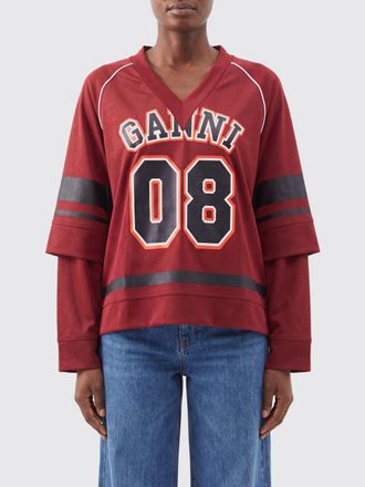 Ganni T-shirt a maniche lunghe in poliestere con scollo a V e logo
