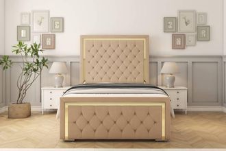 Sloomy Sofia Gold Plush Bed Frame With 50 Upholstered Headboard in Stone | Size: King