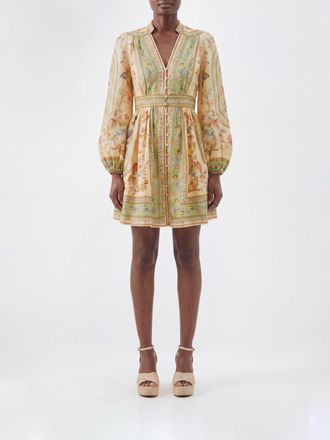 Zimmermann Roselight Floral-Print Linen Mini Dress with Balloon Sleeves