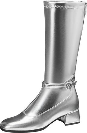 Generic Womens Square Toe Knee High Metallic Boots with Low Block Heel & Buckle Strap with Side Zipper Design for Events,Silver,6.5 UK