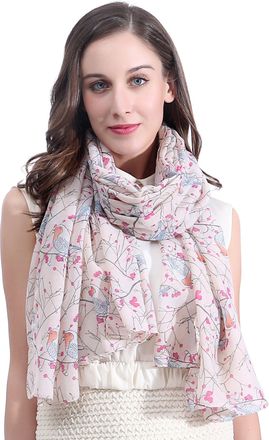 Lina & Lily Birds Print Womens Scarf Shawl Wrap Lightweight (Robin bird - beige)