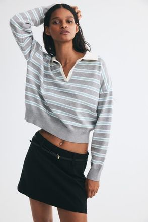 H&M Fine-knit Polo Shirt in Light Gray Melange/striped at Nordstrom, Size X-Small