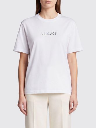 Versace T-shirt in cotone con logo lettering di strass a girocollo