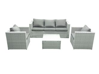 Fimous 5 Seater Rattan Garden Furniture Set with 3 Seater Sofa 2 Chair Square Coffee Table Light Grey Mixed