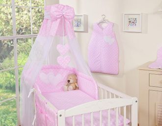 OEM Juego De Cama De 5 Piezas De 120x90 Con Dosel - Corazones Colgantes, Lunares Blancos Sobre Fondo Rosa