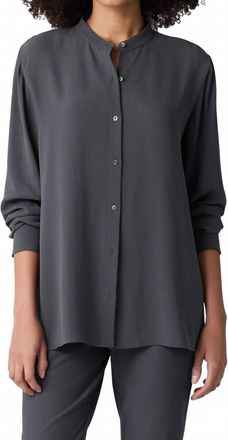 Eileen Fisher Mandarin Collar Button-Up Shirt In Ebony