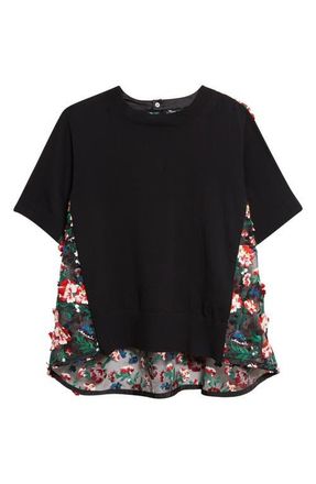 sacai Mixed Media Embroidered Organza & Cotton Blend Pullover Sweater in Black at Nordstrom, Size 3
