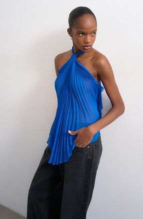 Topshop Pleated Knot Neck Halter Top in Medium Blue at Nordstrom, Size 10 Us