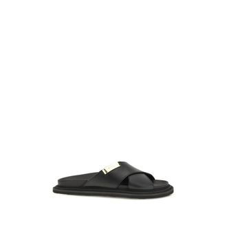 Moschino Black Calf Leather Bos Taurus Flat Mens Sandals